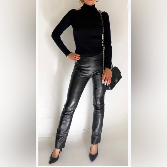 NEW Black real Lambskin leather Pants Sz 2 Midrise DANIER Boot Cut flare Leg